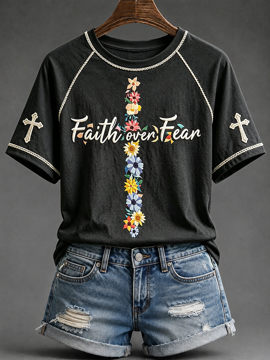 Women's Faith Over Fear Floral Cross Print Round Neck Short Sleeve T-shirt