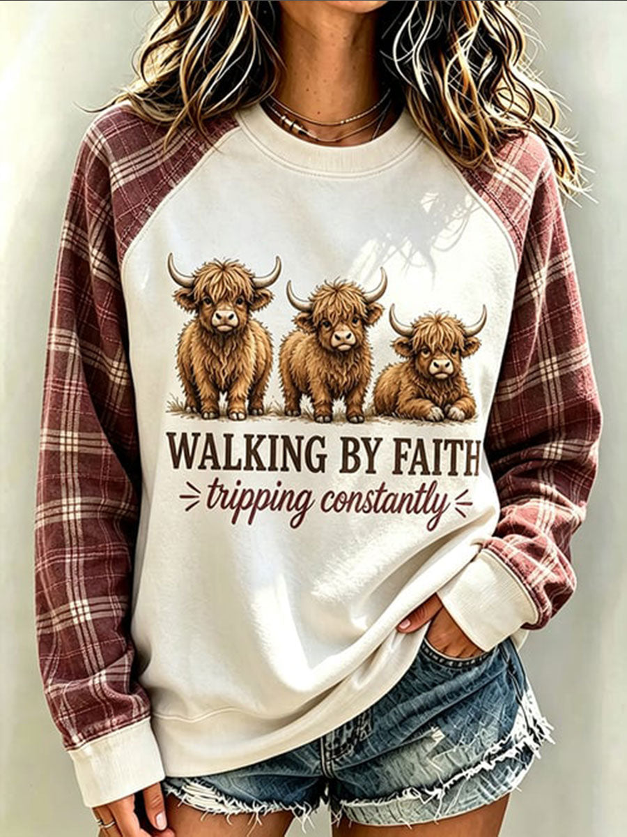 Women's Walking By Faith Tripping Constantly Highland Cow Sweatshirt