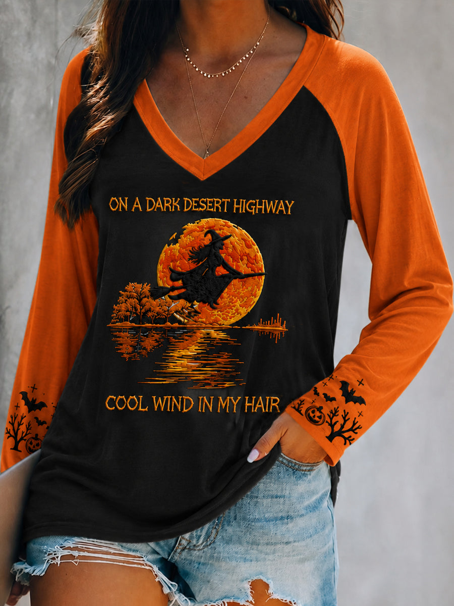 Women's Halloween Witch Pumpkin Bat Printed V-Neck Long Sleeve Shirt