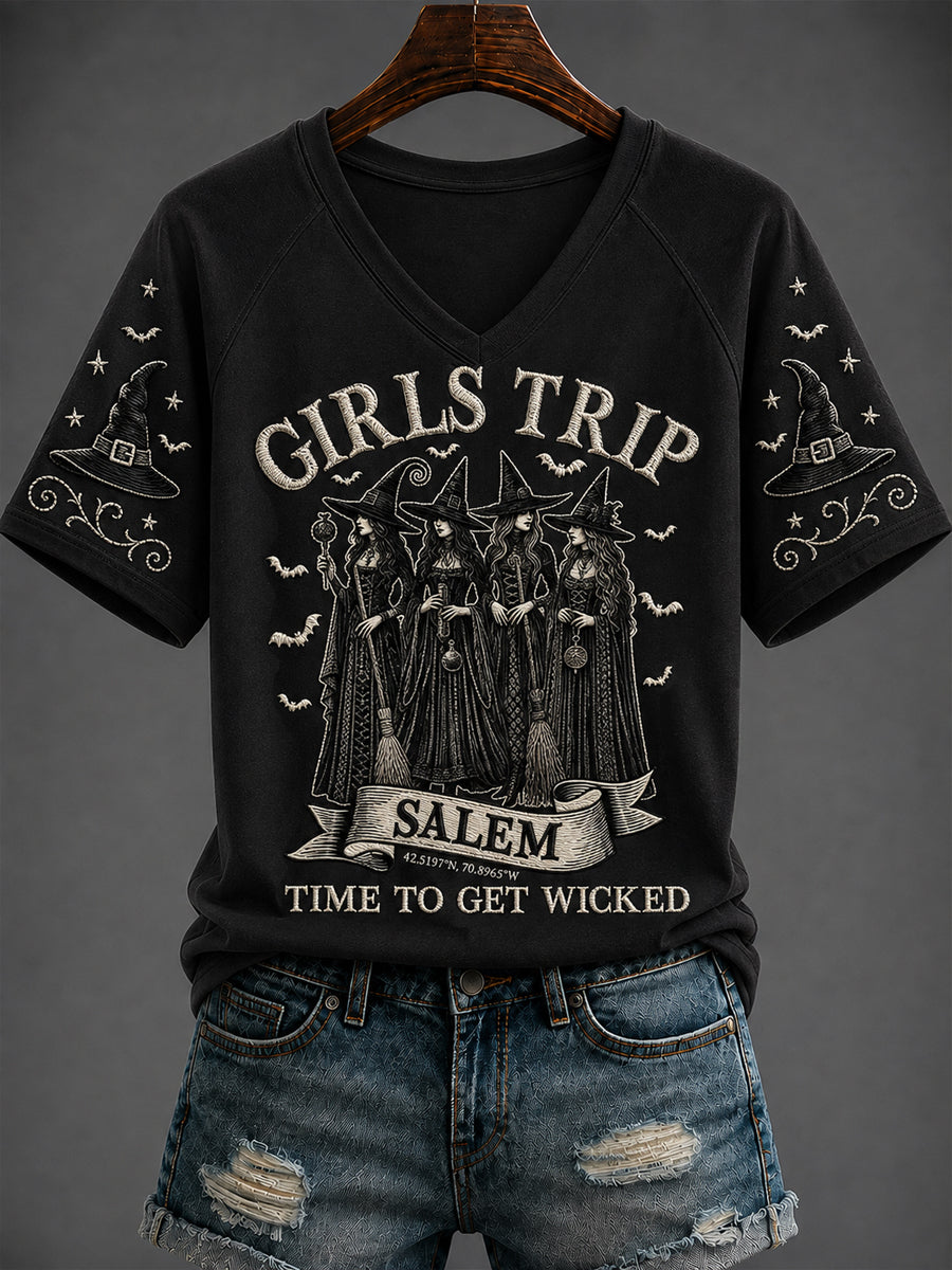 Women's Halloween “GIRLS TRIP SALEM” Printed V-neck T-shirt