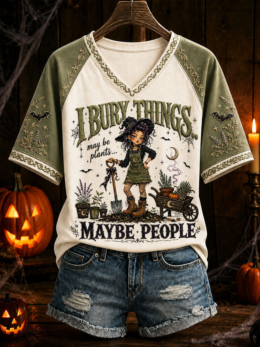 Women's "I Bury Things, Maybe Plants, Maybe People" Halloween Floral Casual T-Shirt