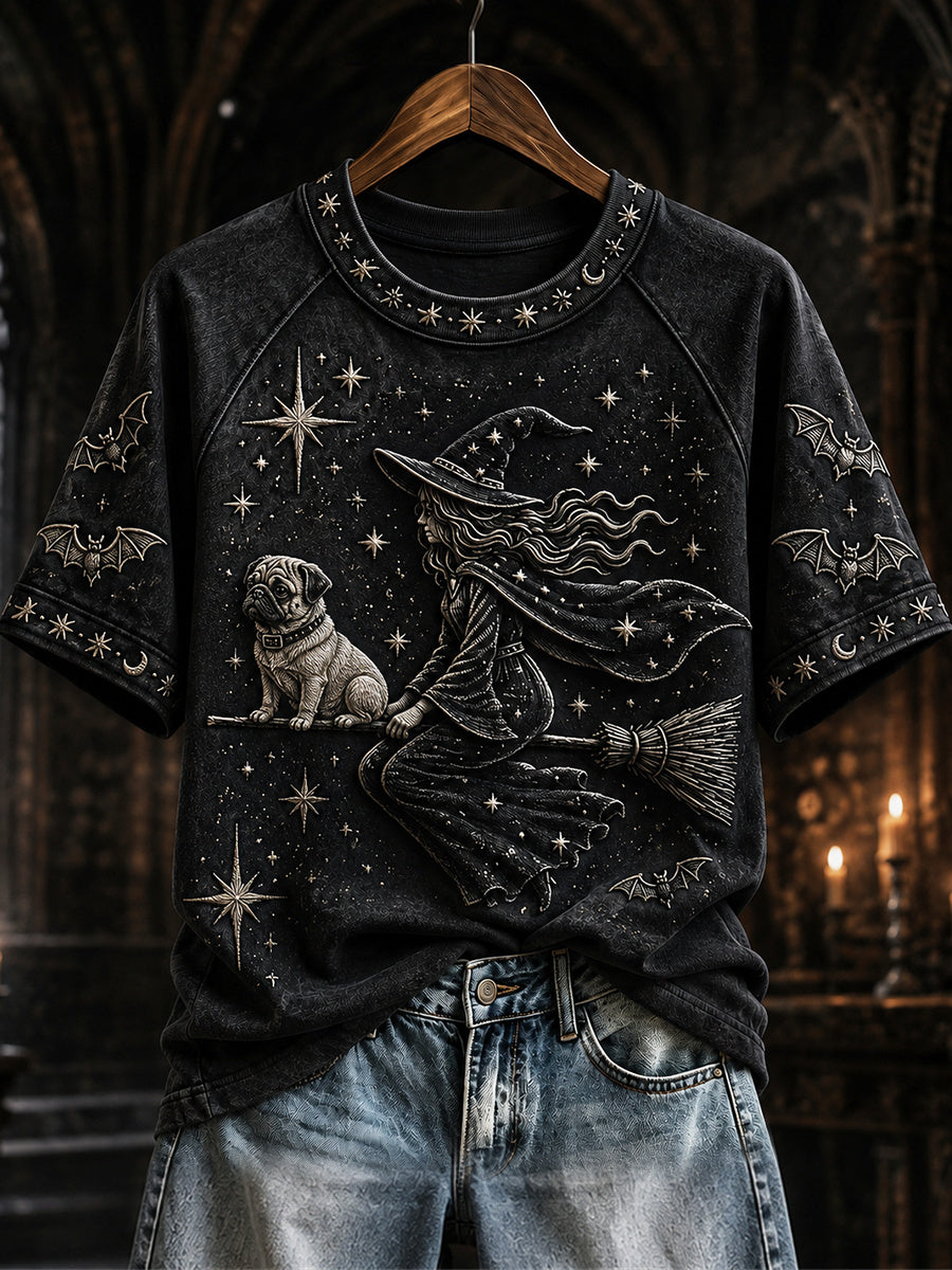 Women's Halloween Night Witch & Pug Dog Mystical Print short sleeve T-shirt