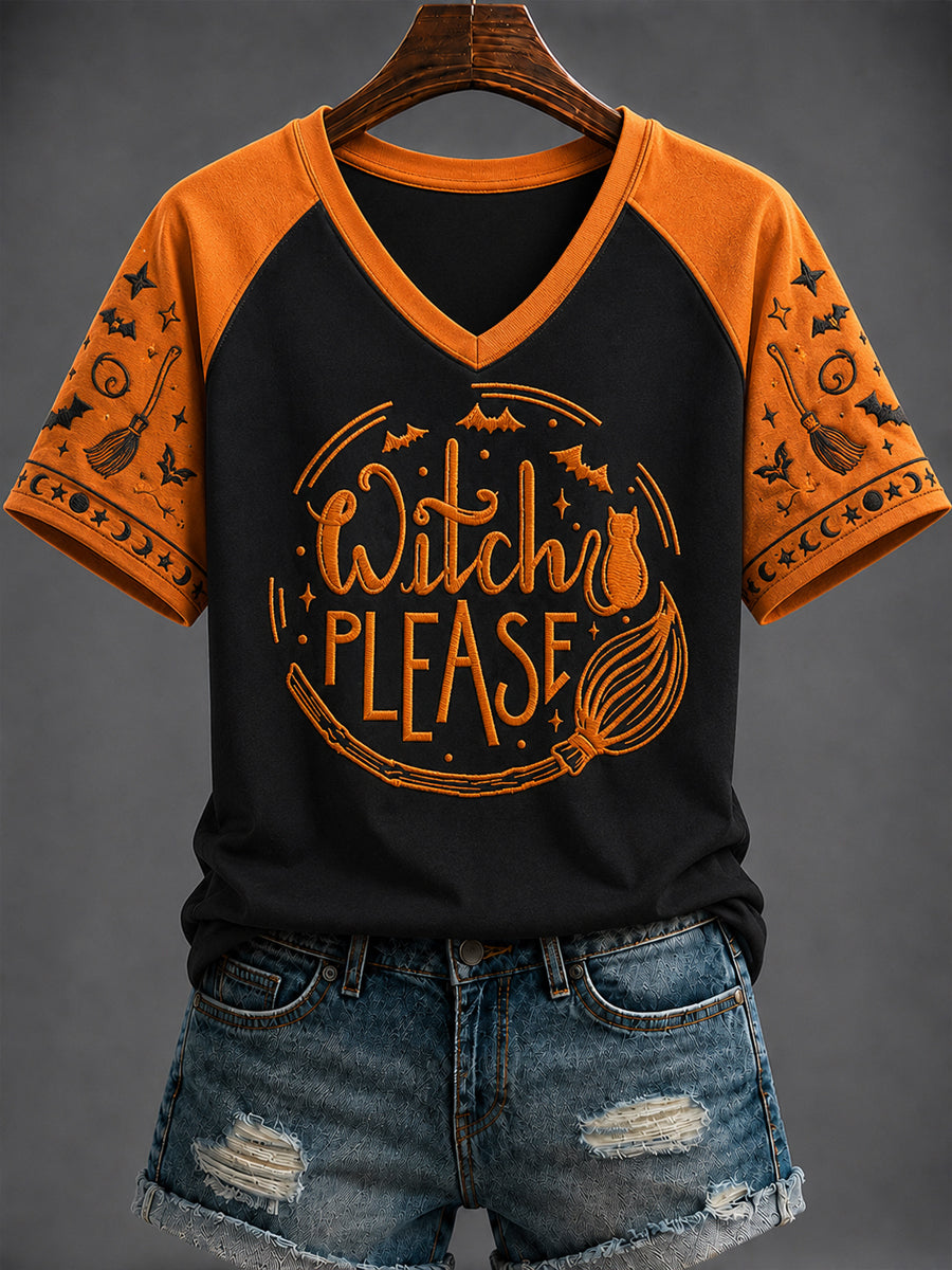 Women's Halloween “Witch PLEASE” Printed V-neck T-shirt