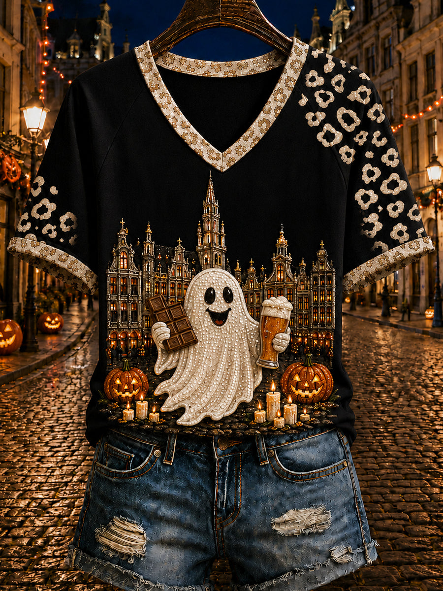 Women's Belgium Halloween Printed Vintage Fashion Loose Short Sleeve T-Shirt