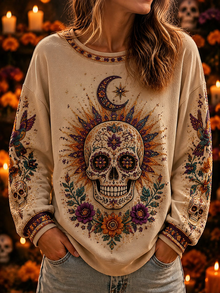 Women's Mexico Halloween Print Casual Crewneck Sweatshirt