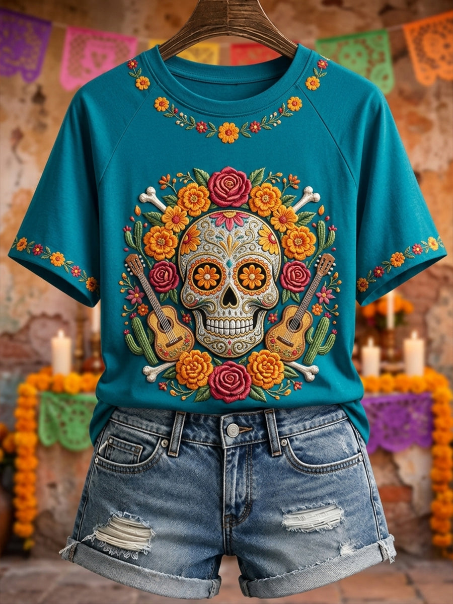 Women's Day of the Dead Sugar Skull Mexican Floral Print Short Sleeve T-shirt