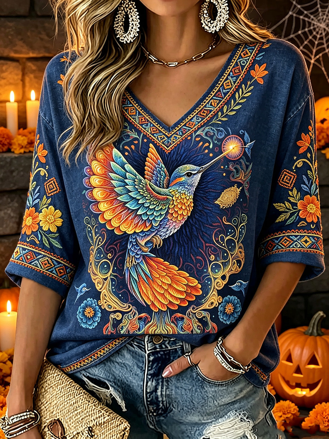 Women's Day of the Dead Plant And Flower Pattern Printed Casual Mid-length Sleeves V-Neck T-Shirt