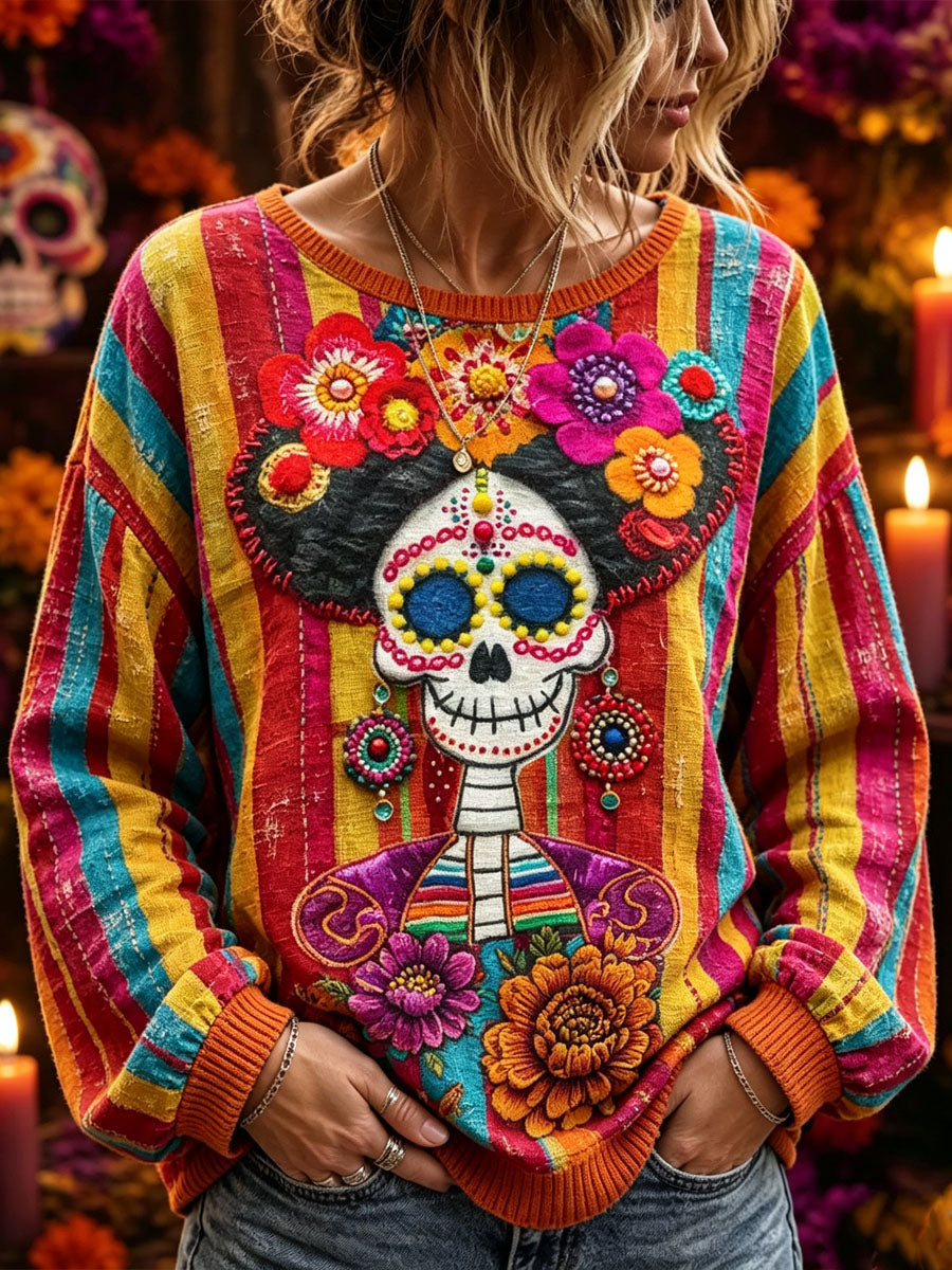 Women's Day of the Dead Sugar Skull Print Casual Sweatshirt