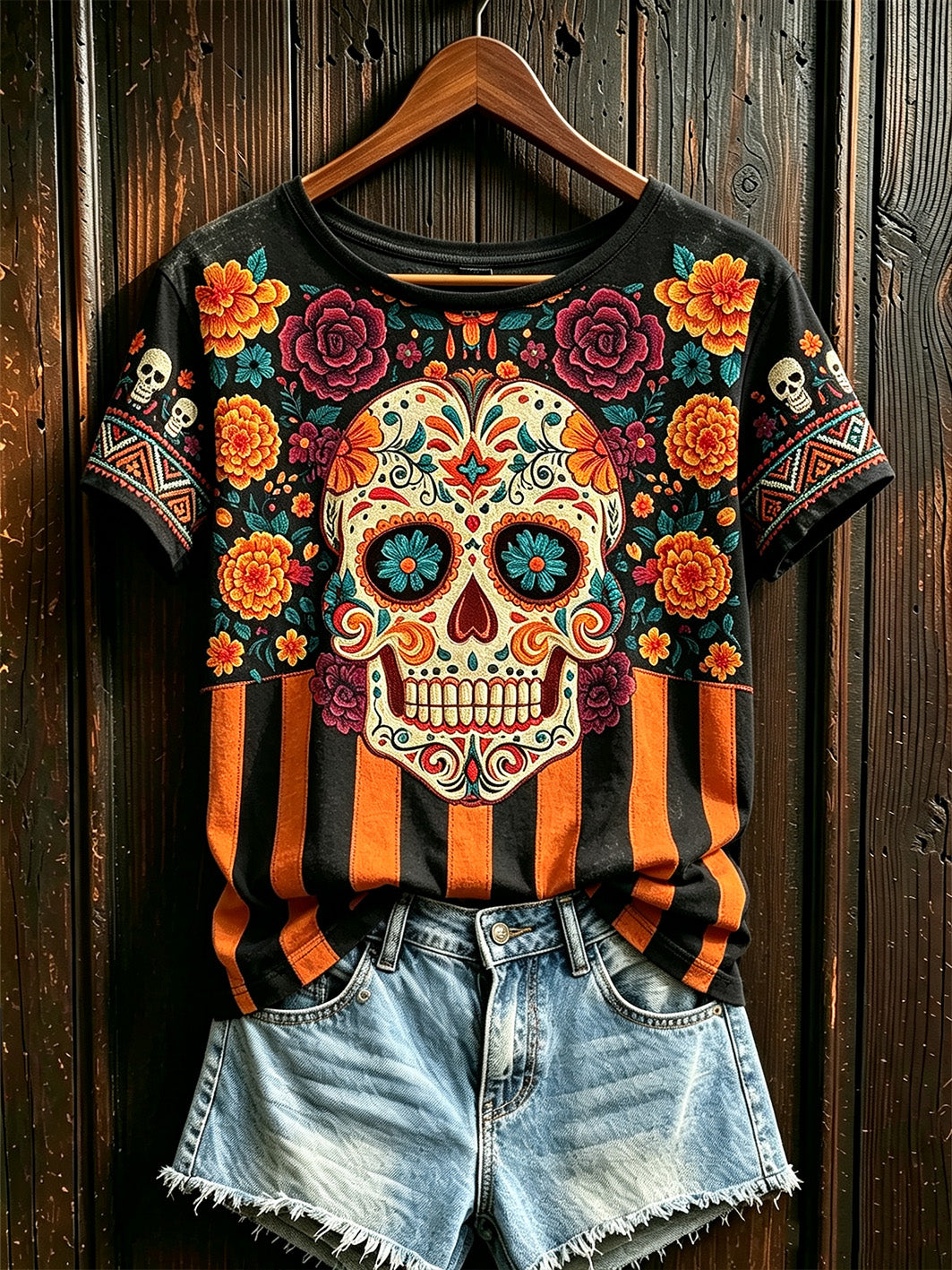 Women's Day of the Dead plant and flower pattern printed casual short-sleeve T-shirt