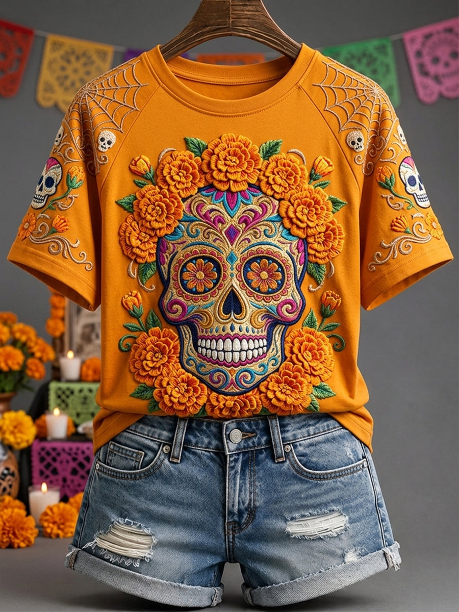 Women's Day of the Dead Sugar Skull Mexican Floral Print Short Sleeve T-shirt