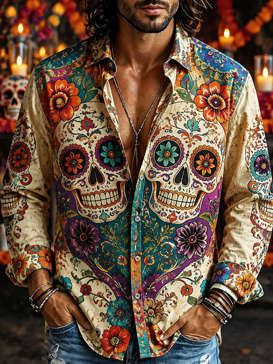 Men's Day of the Dead Skull Print Casual Shirt