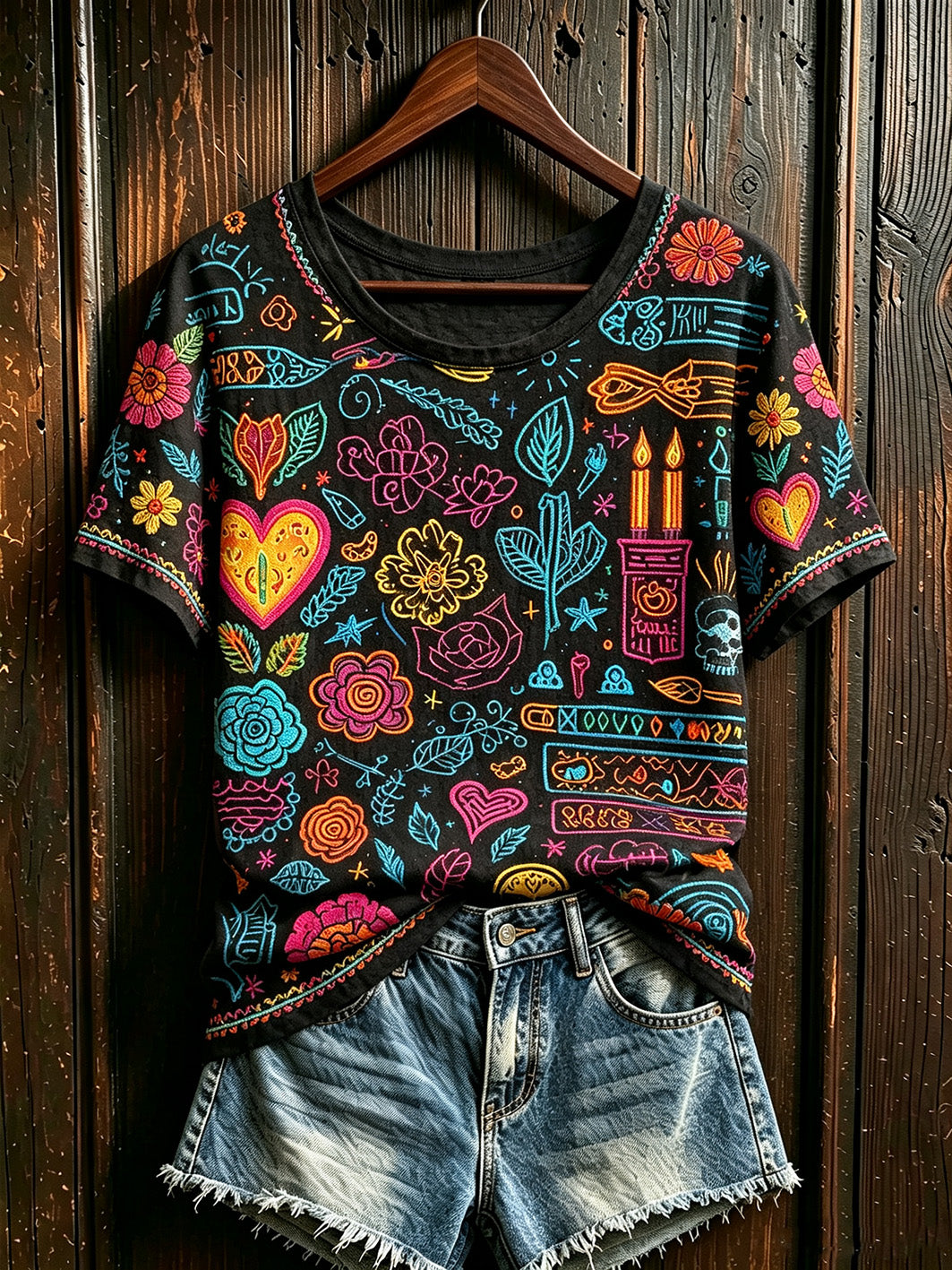 Women's Day of the Dead plant and flower pattern printed casual short-sleeve T-shirt