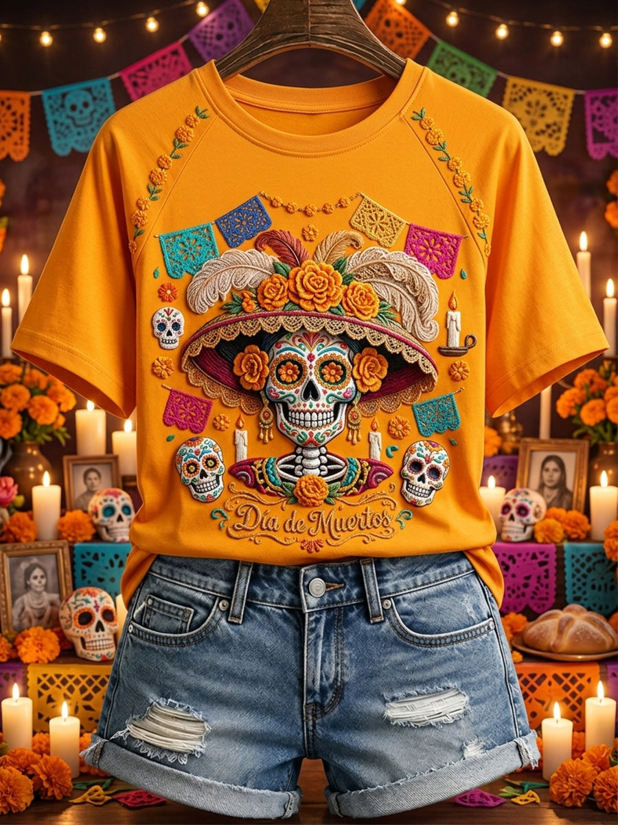 Women's Day of the Dead La Catrina Skull Mexican Floral Print Short Sleeve T-shirt