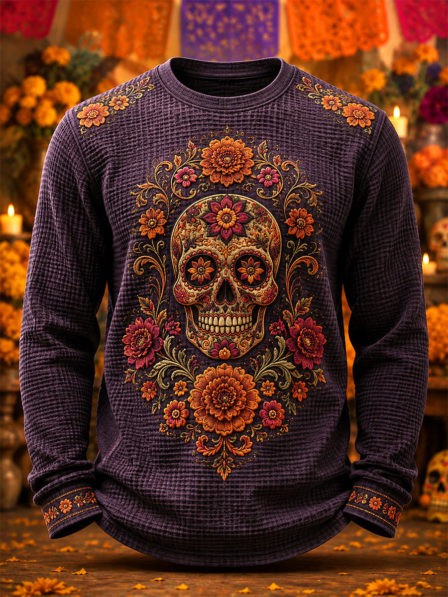 Men's Mexico Day of The Dead Art Print Casual Waffle Sweatshirt