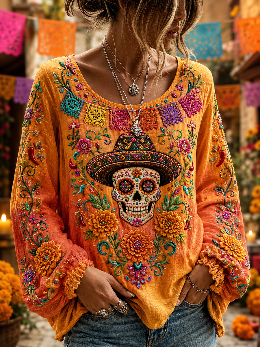 Women's Mexico's Day of the Dead Cotton-Linen Shirt
