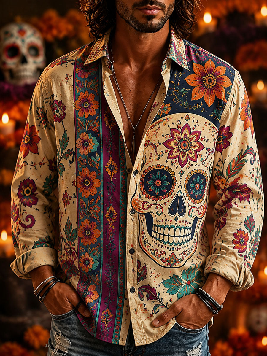 Men's Day of the Dead Skull Print Casual Shirt