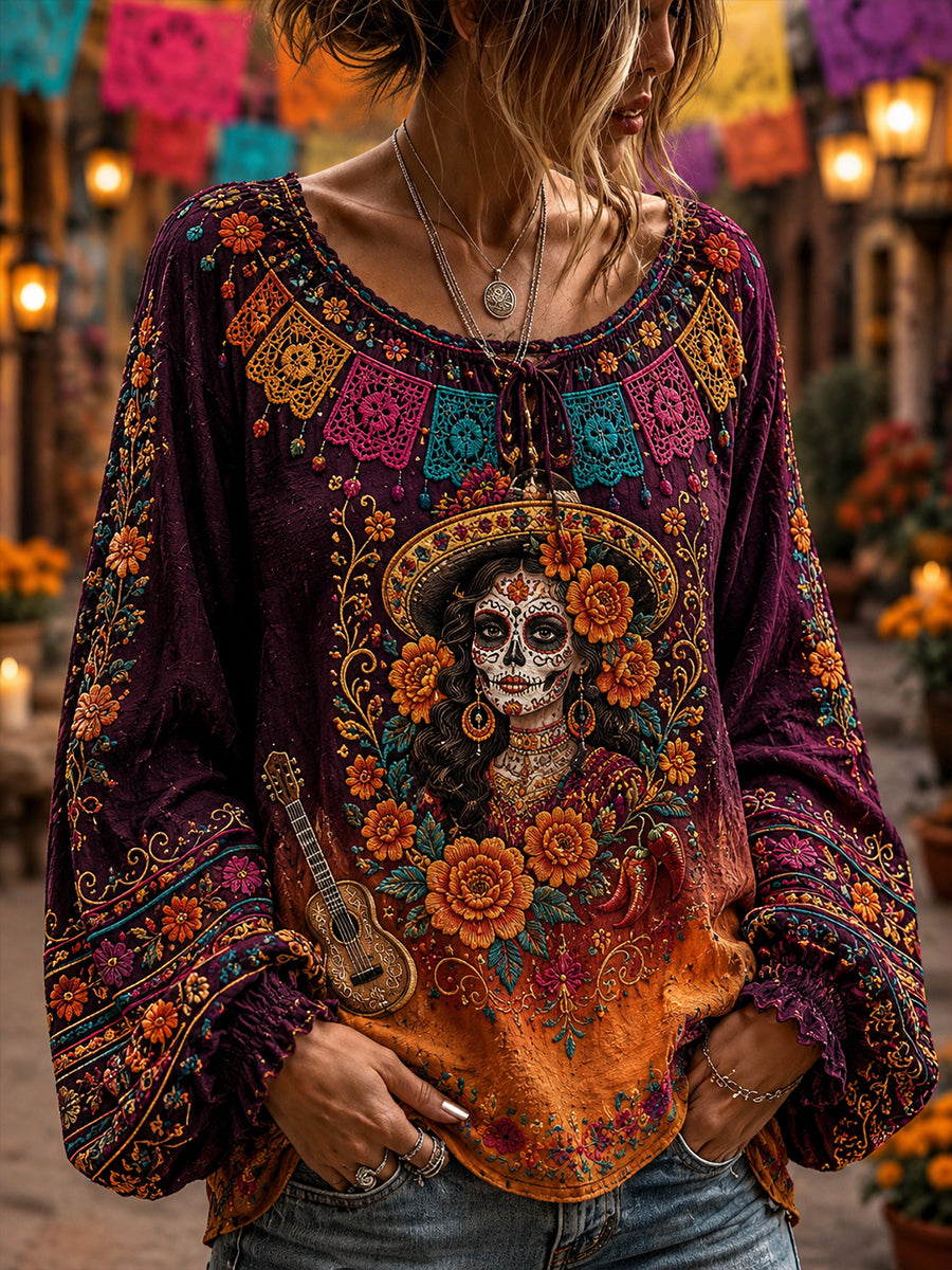 Women's Mexico's Day of the Dead Cotton-Linen Shirt