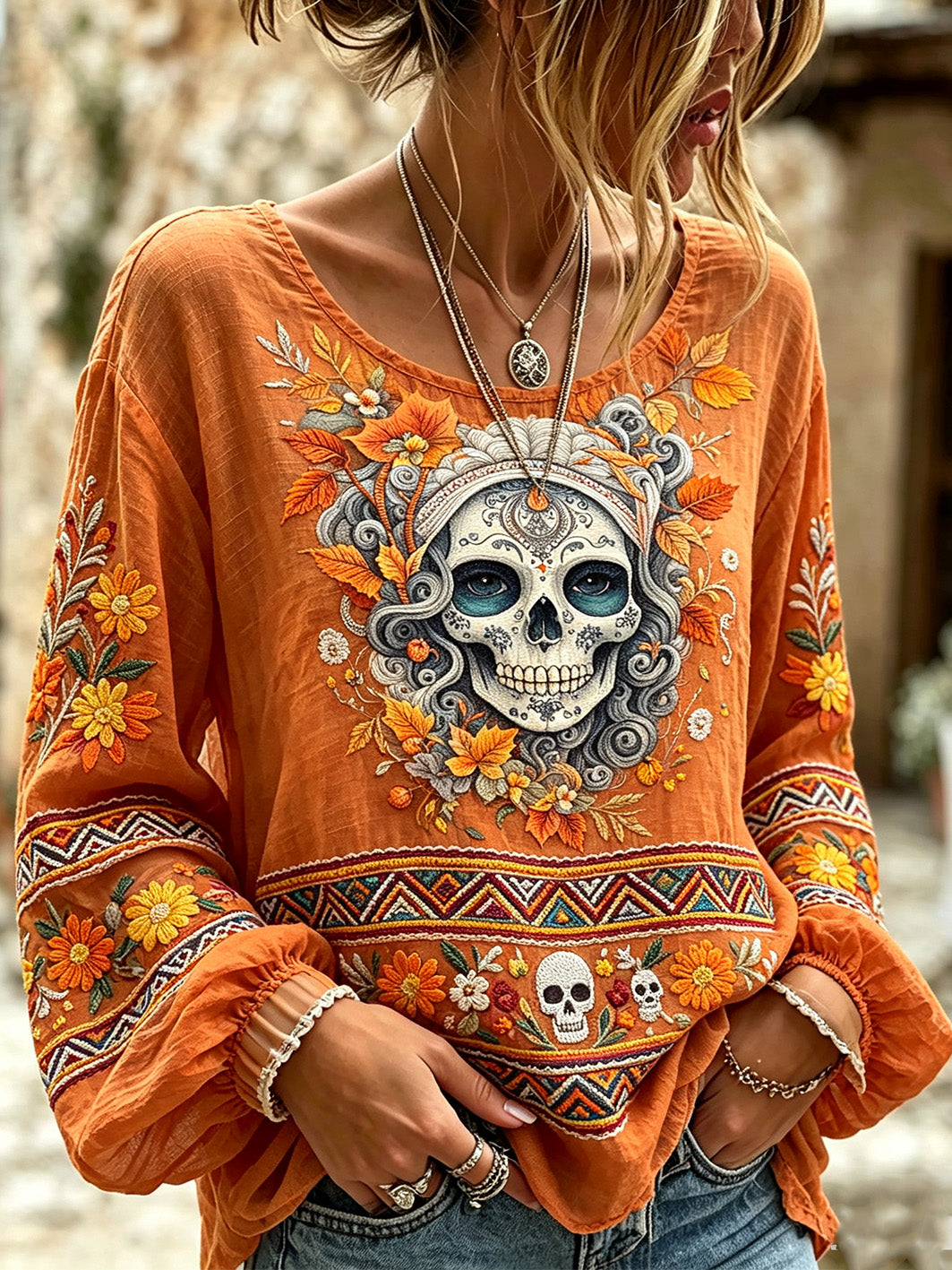 Women's Day of the Dead Plant And Flower Pattern Printed Casual Cotton-Linen Shirt