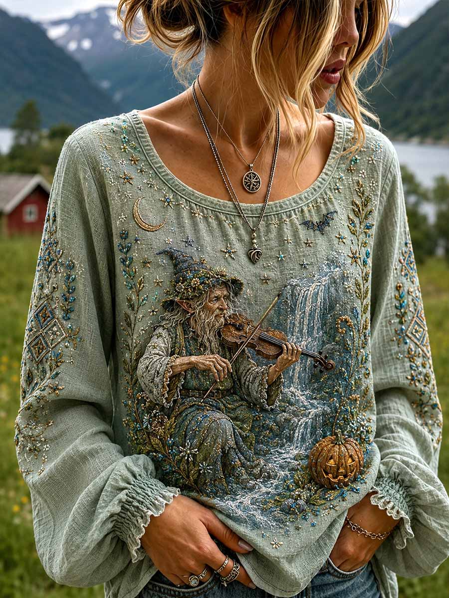 Women's Norwegian Halloween Elf World Pattern Print T-Shirt