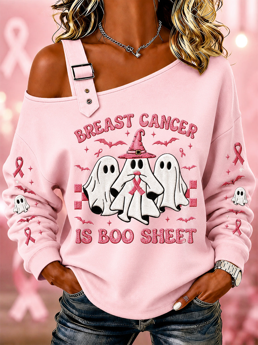 Women’s Breast Cancer Is Boo Sheet Print Casual Off-Shoulder Sweatshirt