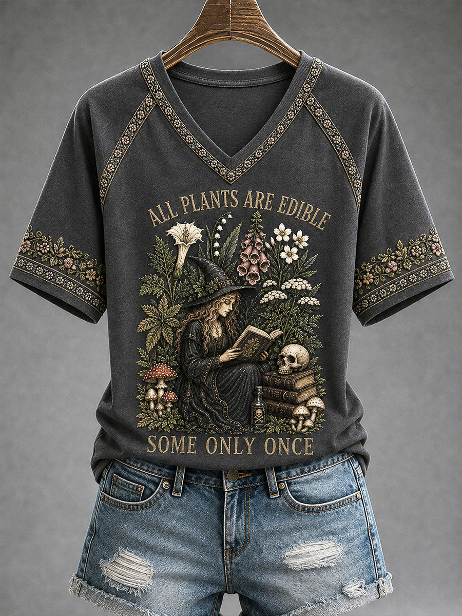 Women's "All Plants Are Edible Some Only Once" Halloween Witch Floral Print Casual T-shirt