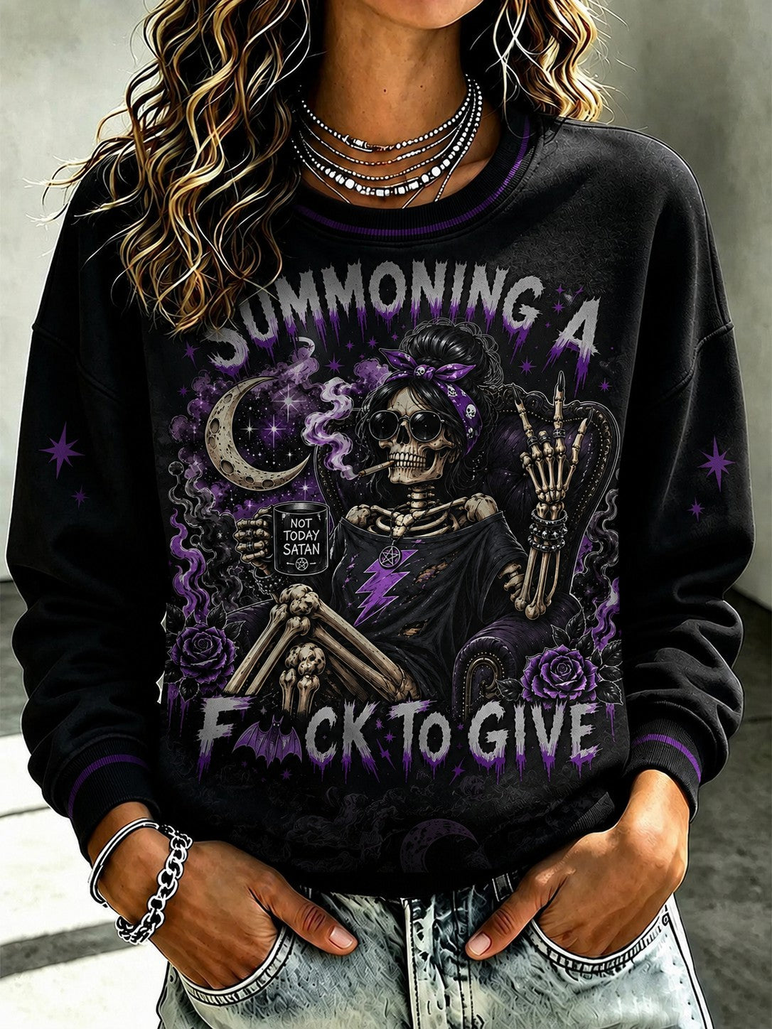 Women's Summoning A Fck to Give Gothic Printed Sweatshirt