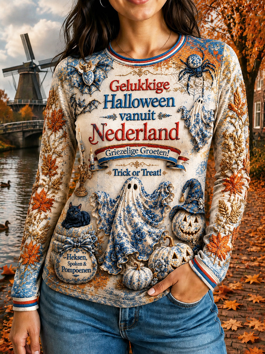 Women’s Dutch Halloween Delft Blue and White Ceramic Skeleton Print Long-Sleeved T-shirt