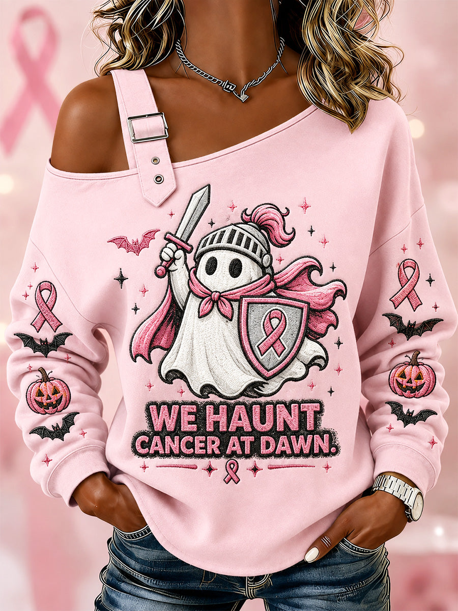 Women’s We Haunt Cancer At Dawn Print Casual Off-Shoulder Sweatshirt