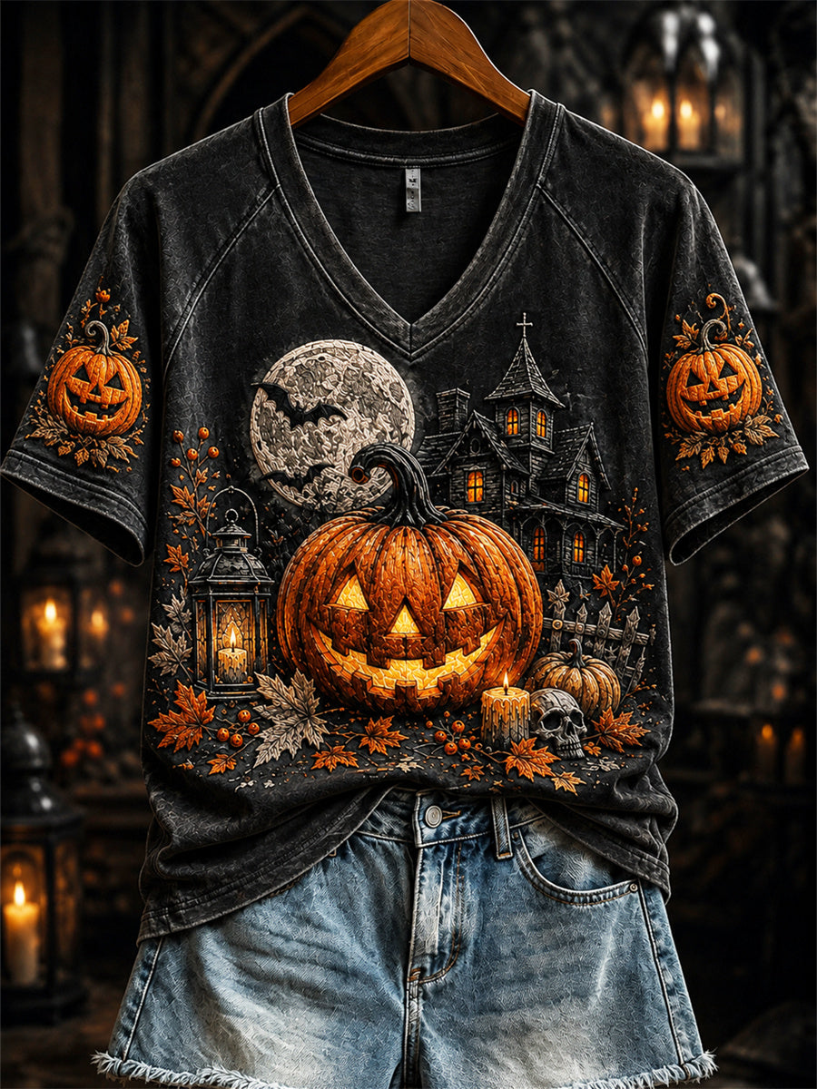 Women's Halloween Pumpkin Fall Spooky Night Gothic Print short sleeve T-shirt