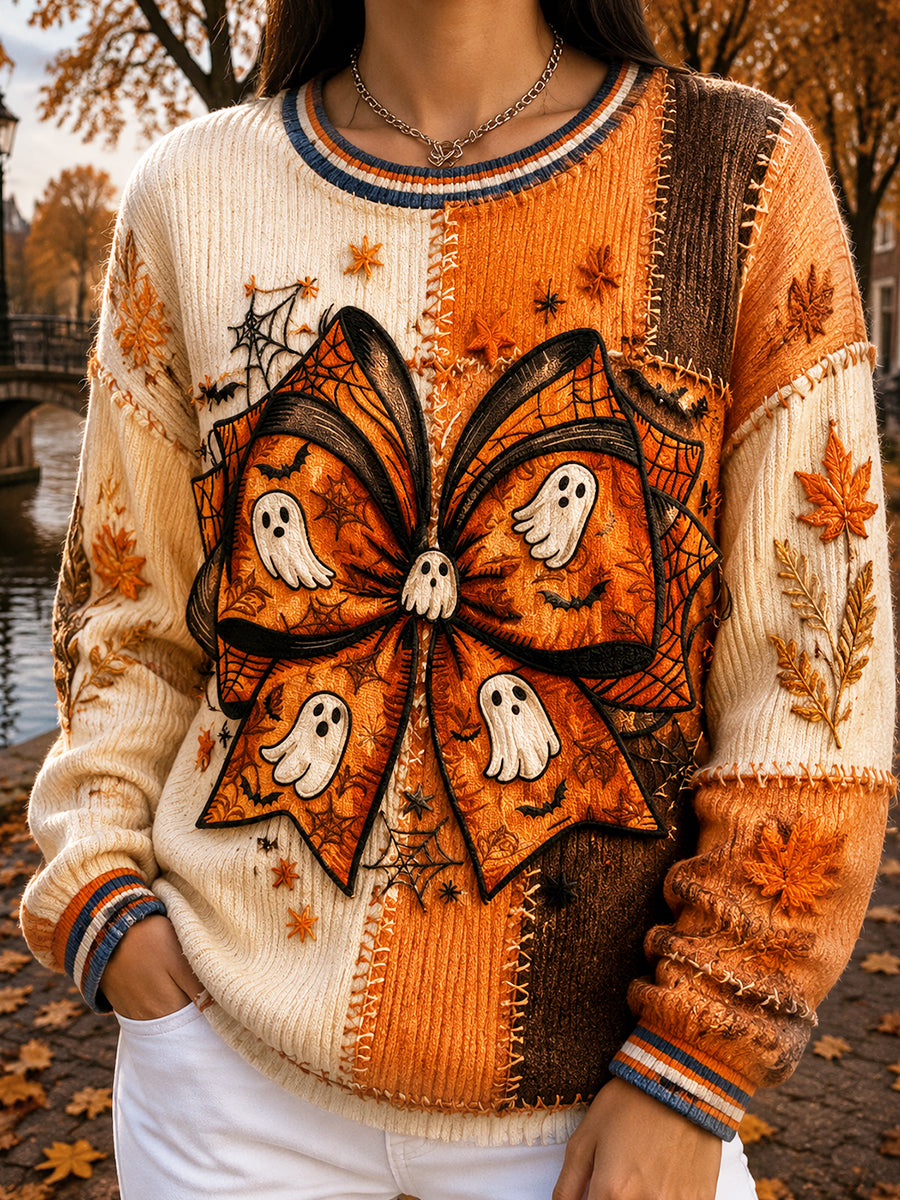 Women’s Dutch Halloween Patchwork Print Loose-Fit Sweatshirt