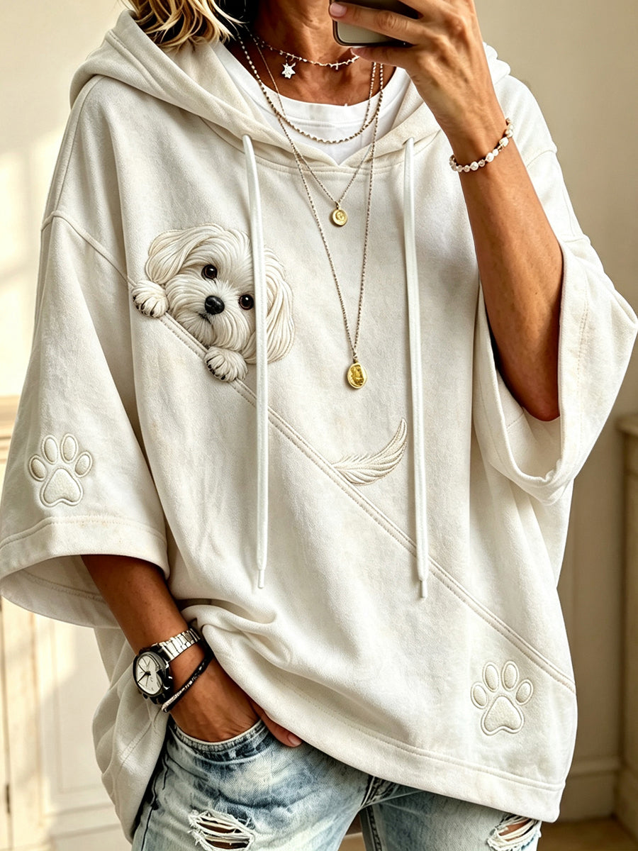 Women’s Cute Peeking Maltese Dog with Paw Print Cozy Hoodie