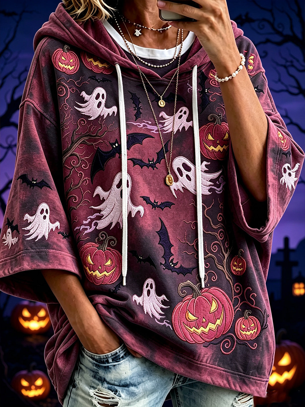 Women's Halloween Pattern Printed Rendering Color Leisure Hoodie