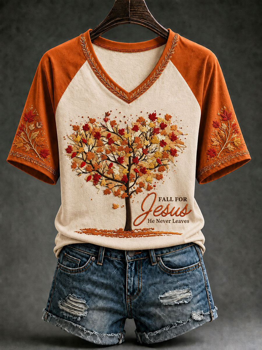 Women's Fall For Jesus He Never Leaves V-neck T-shirt