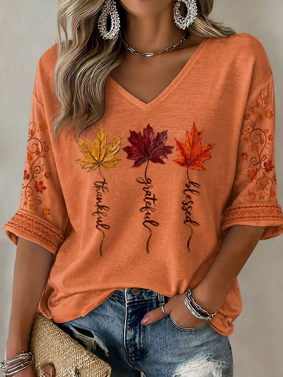 Women's Thankful Grateful Blessed Mid-length Sleeves V-Neck T-Shirt