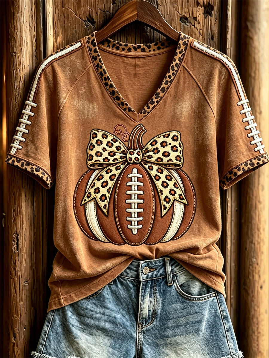 Women's Football Inspired Fall Pumpkin Leopard Print short-sleeved T-shirt