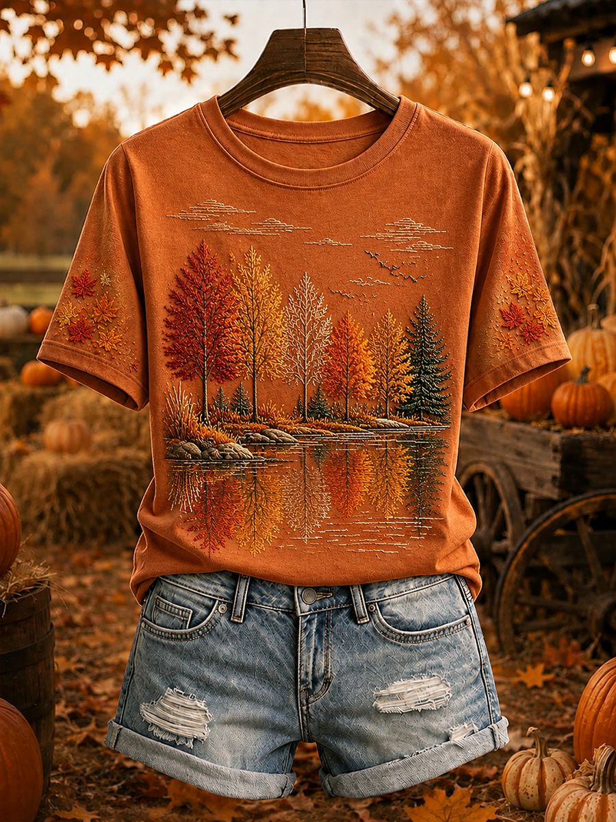 Women's Fall Landscape Reflection Print Cozy Short-sleeved T-shirt