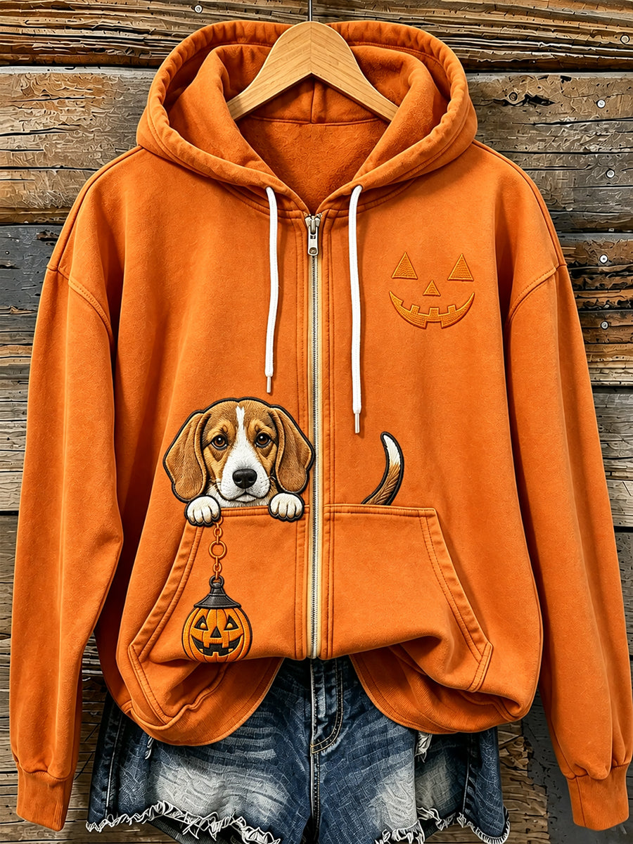 Women's Halloween Peeking Beagle Dog Print Zip-Up Hoodie