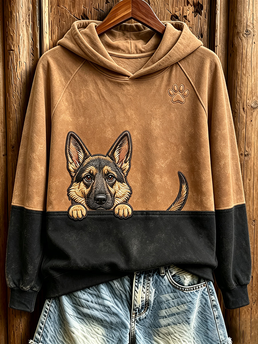 Women's Peeking German Shepherd & Paw Print Contrast Color Cozy Sweatshirt