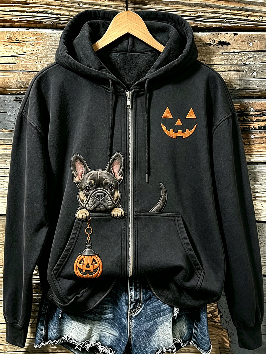 Women's Halloween Peeking French Bulldog Print Zip-Up Hoodie