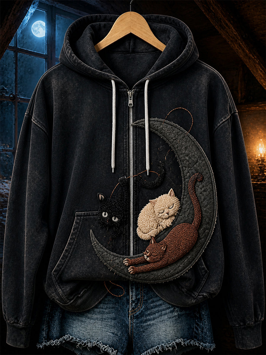 Retro Animal Art Print Casual Zip-Up Hoodie
