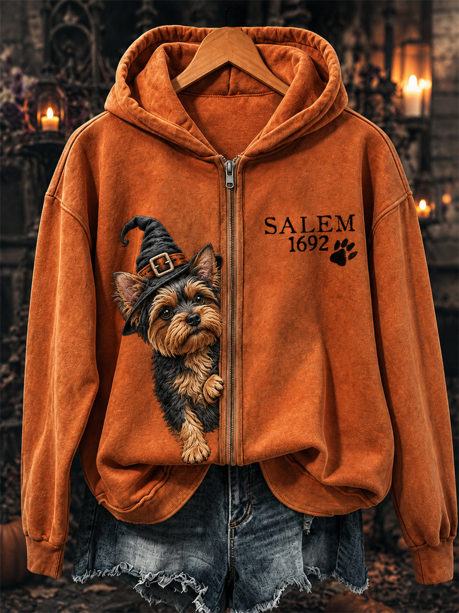 Women's Salem 1692 Peeking Yorkshire Dog Witch Print Full Zip Hoodie