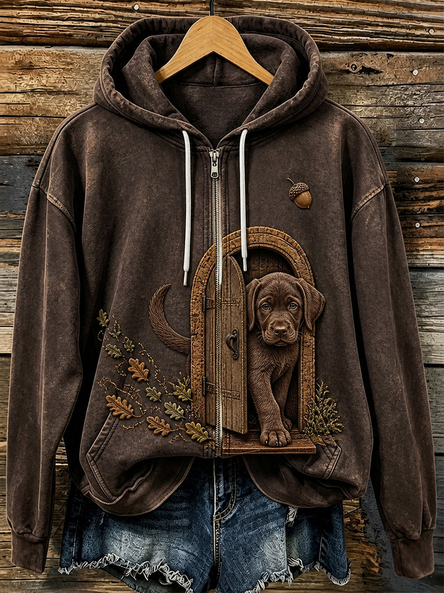 Retro Animal Art Print Casual Zip-Up Hoodie