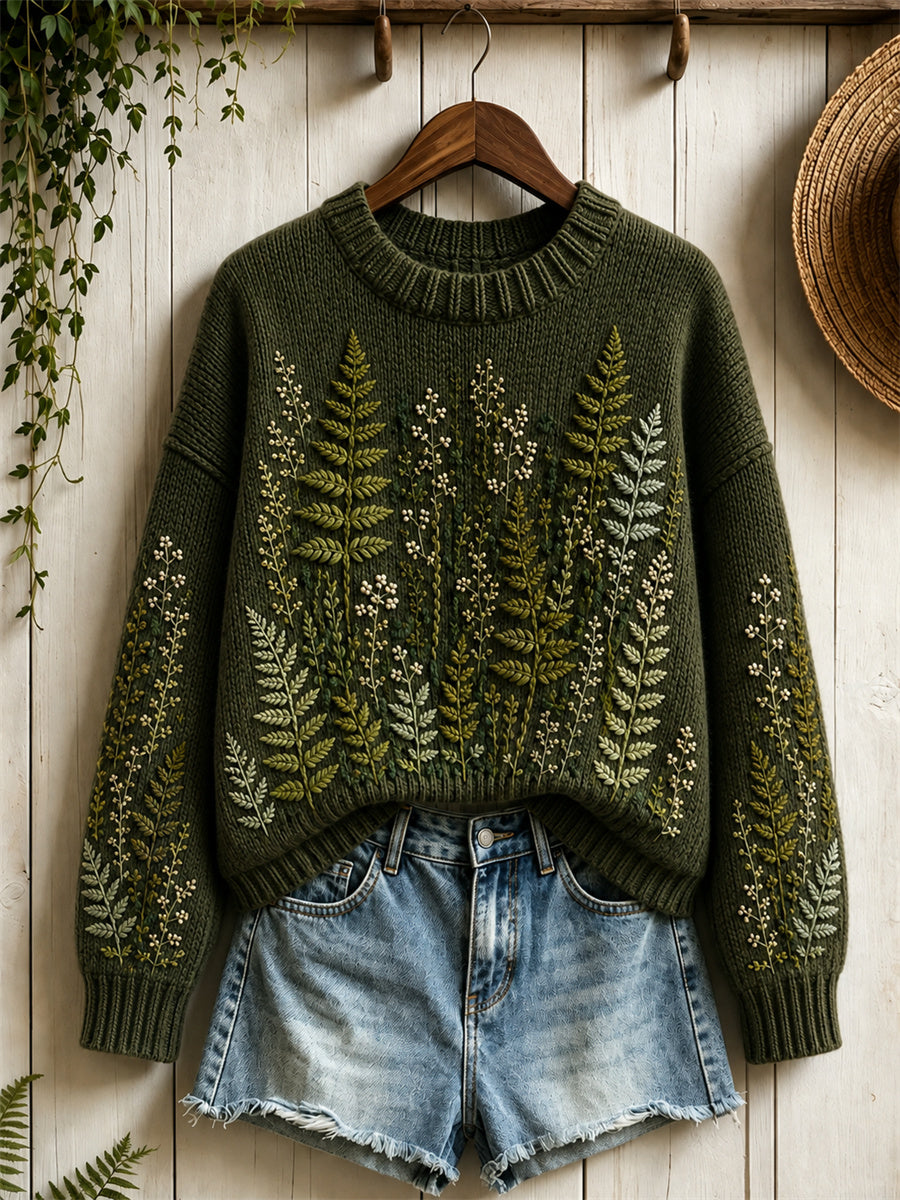 Women's Vintage Forest Fern Floral Print crew neck sweater