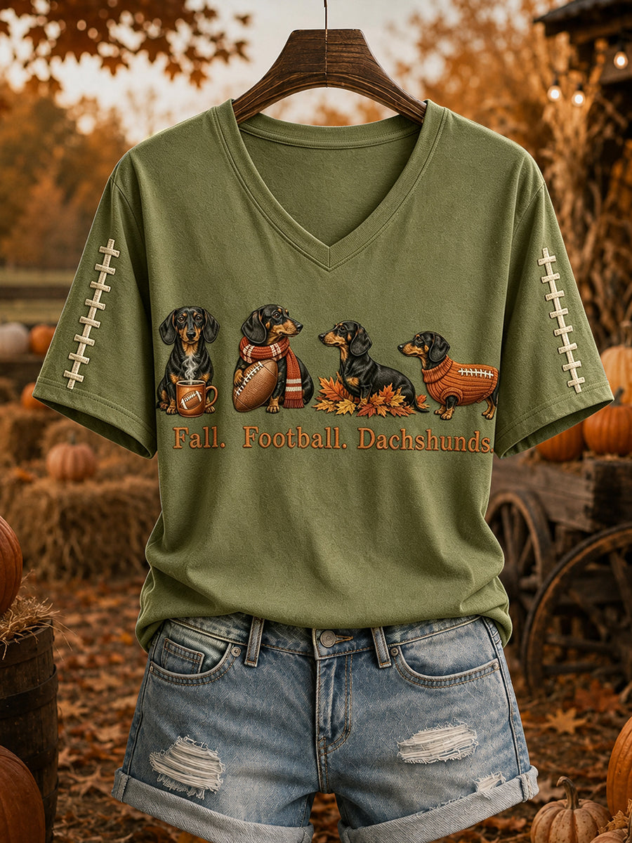 Women's Fall Football Dachshund Print Short-sleeved T-shirt