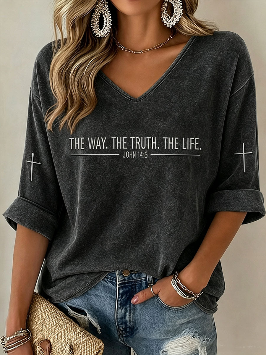 Women's The Way The Truth The Life Mid-length Sleeves V-Neck T-Shirt