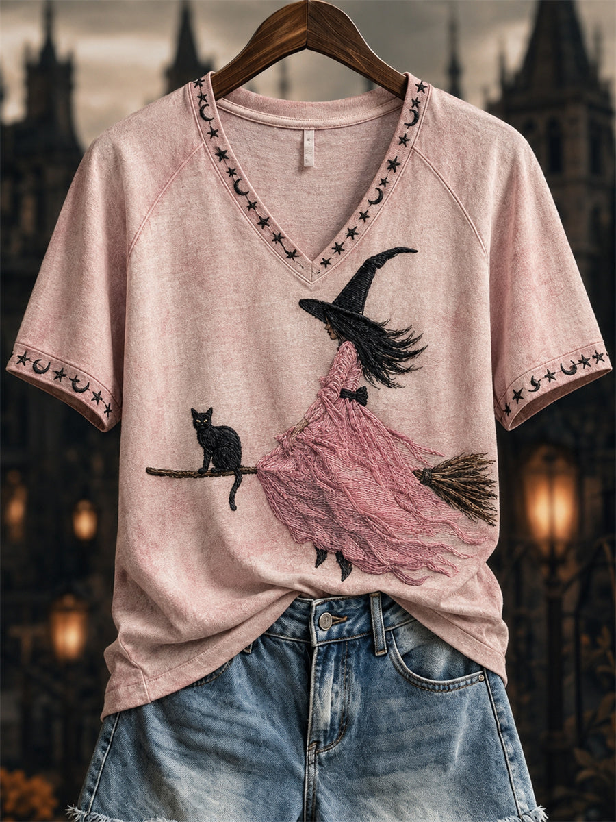 Women's Witch with Pink Dress & Black Cat Print short-sleeved T-shirt