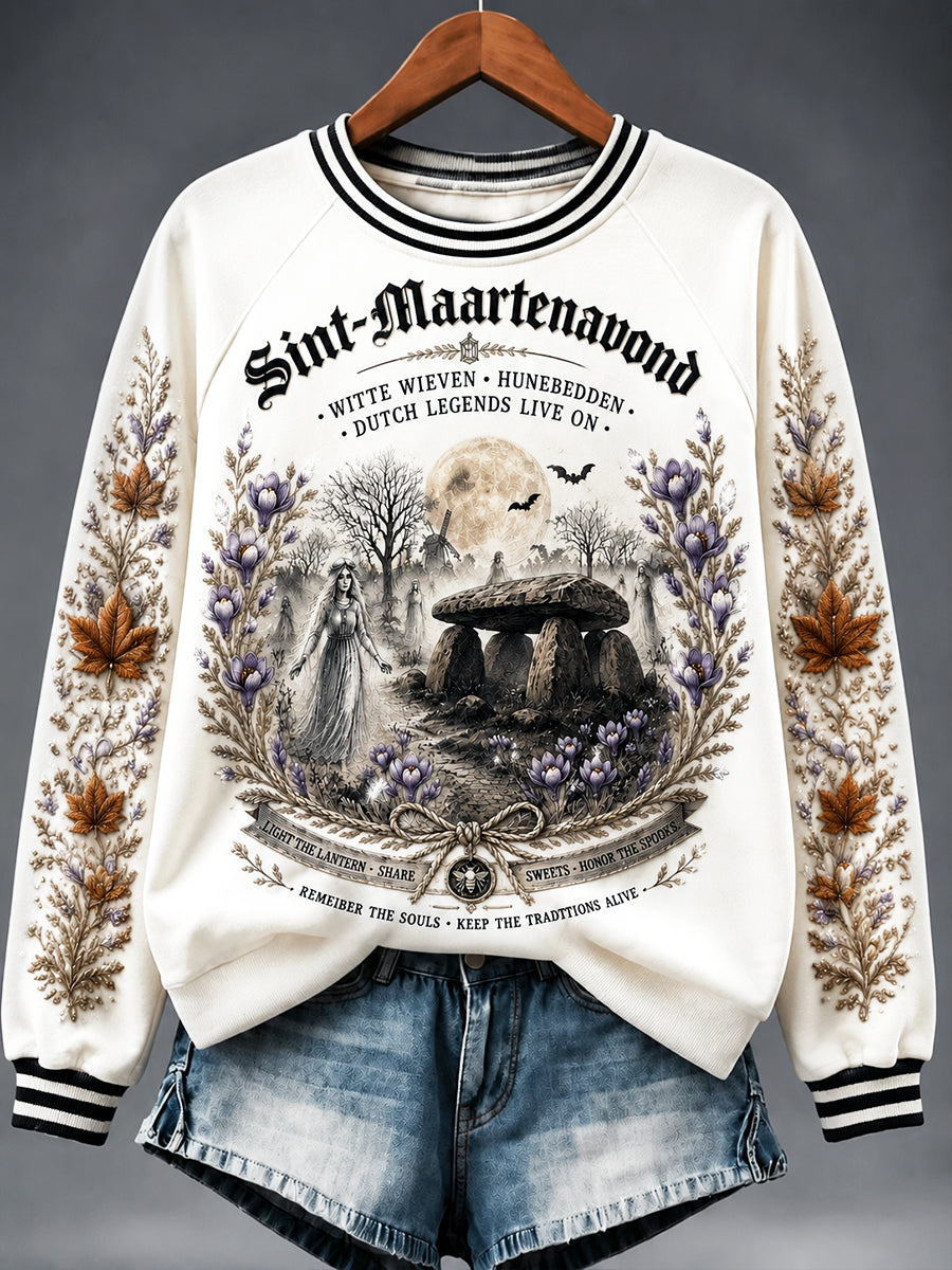 Women’s White Dutch Halloween Ghost-Print Casual Sweatshirt