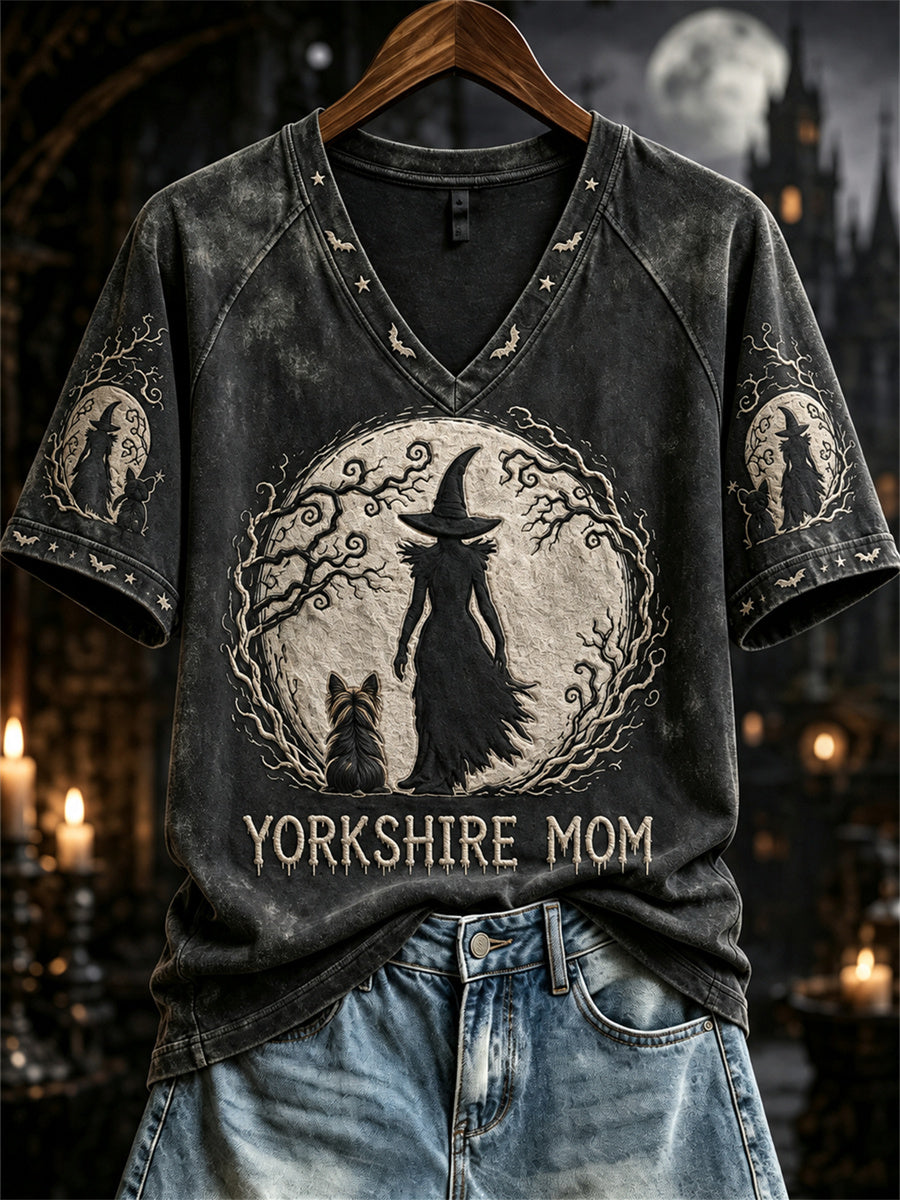 Women's Yorkshire Mom Halloween Witch & Dog Full Moon Print short-sleeved T-shirt