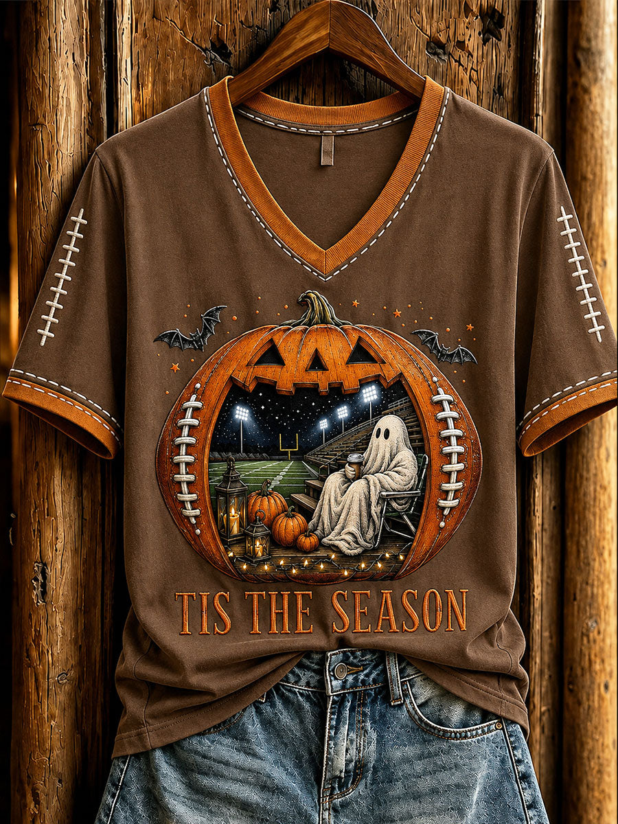 Women's Vintage Halloween Football Tis The Season Ghost Game Day Printed Casual T-shirt