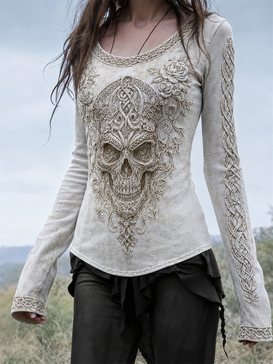 Women's Classy Celtic Skull Roses Viking Celtic Knot Print Round-Neck Long-Sleeve T-Shirt